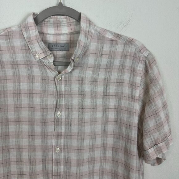 Zara Man Linen Blend Button Down Shirt M Pink Plaid Minimalist Contemporary - Picture 2 of 10